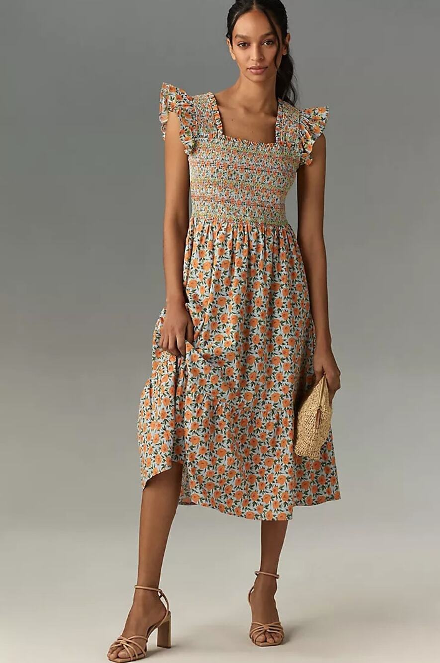 Anthropologie Orange Floral Midi Dress with Green and White Accents